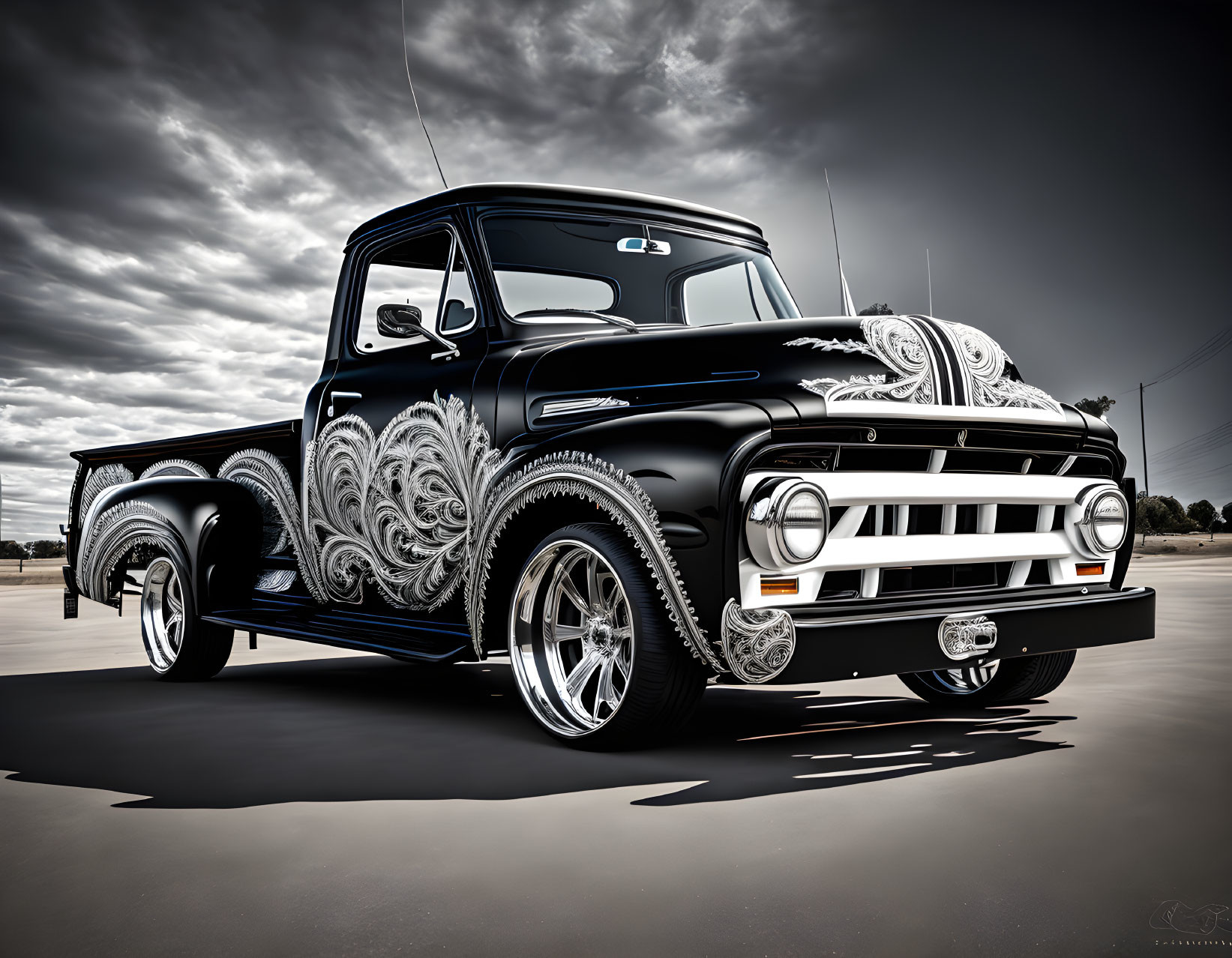 Black Pickup Truck with Chrome Details and Custom Wheels Parked on Tarmac