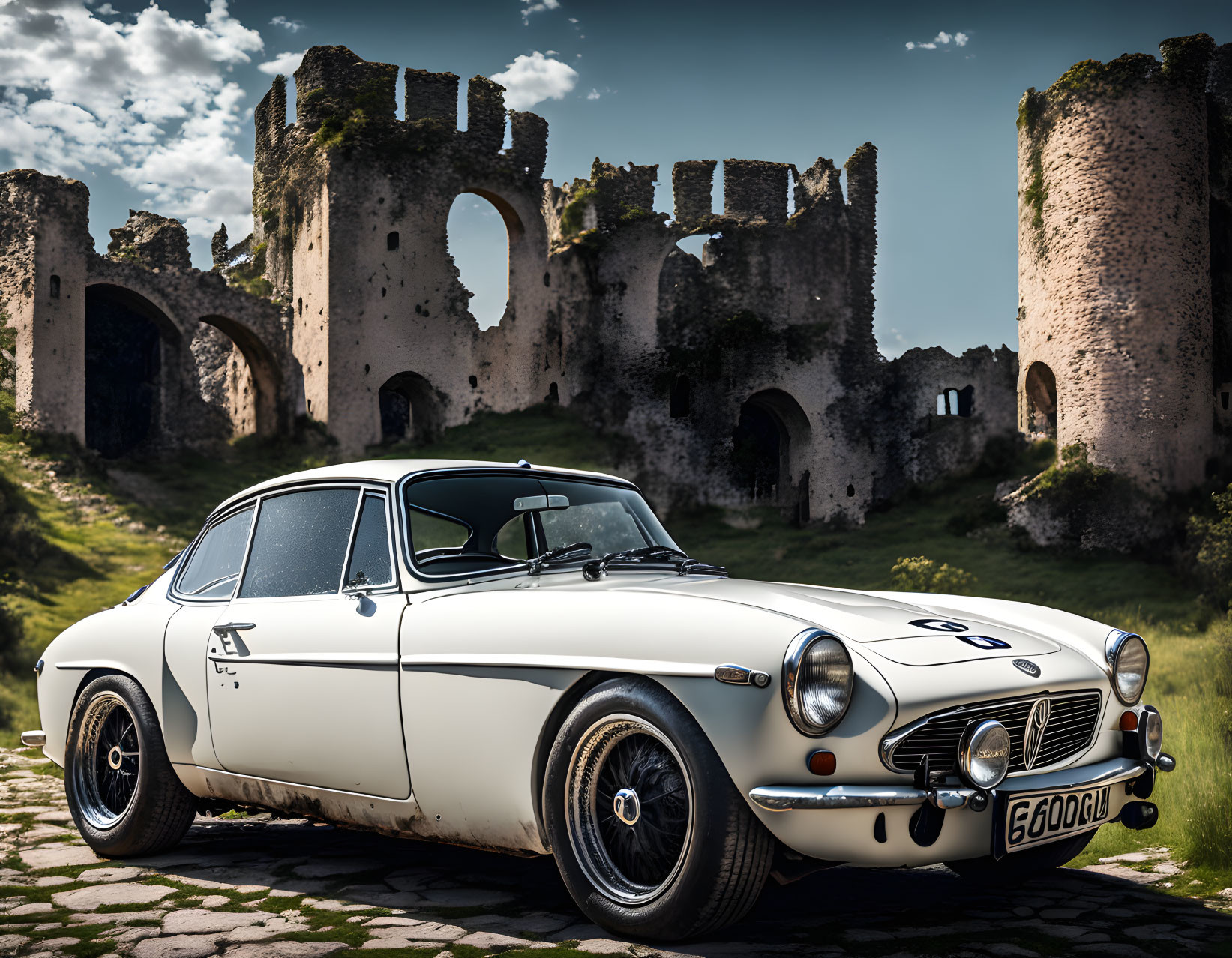 Vintage White Sports Car Parked in Front of Ancient Castle Ruins