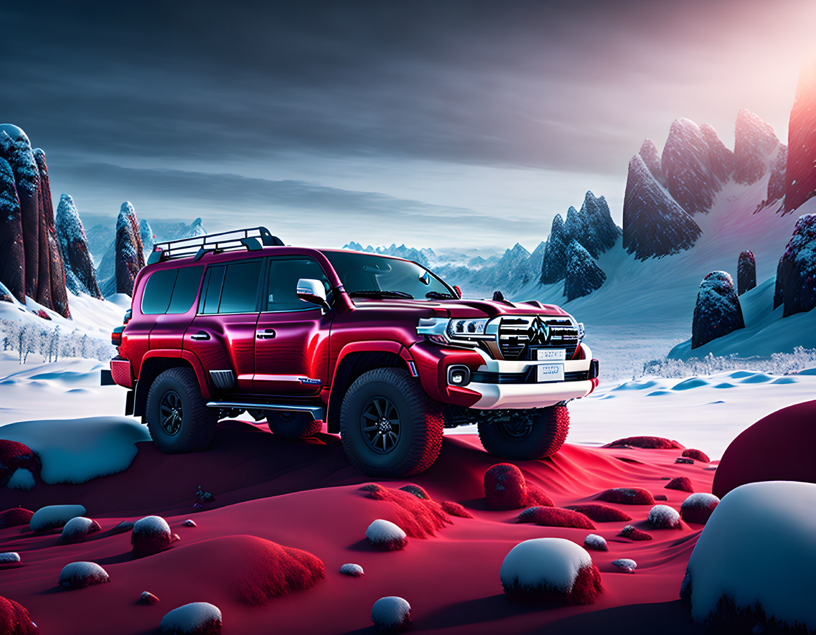 Red SUV parked in snowy landscape with towering rock formations and pinkish sky.