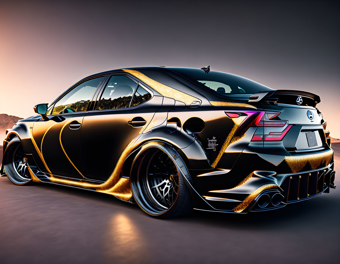 Custom Black Sports Car with Golden Lines and Aftermarket Wheels Parked at Dusk