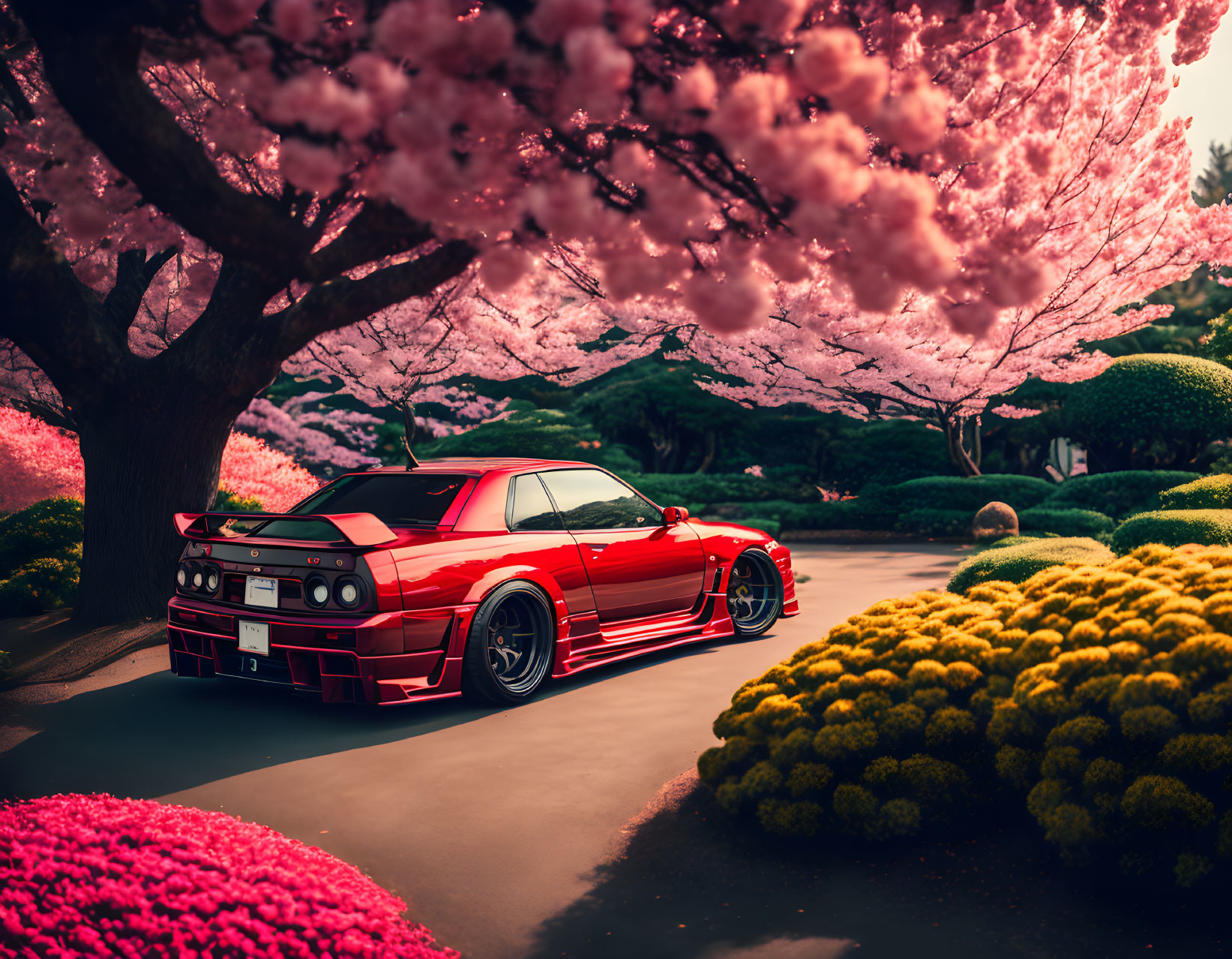 Red sports car parked under pink cherry blossom trees in lush garden setting