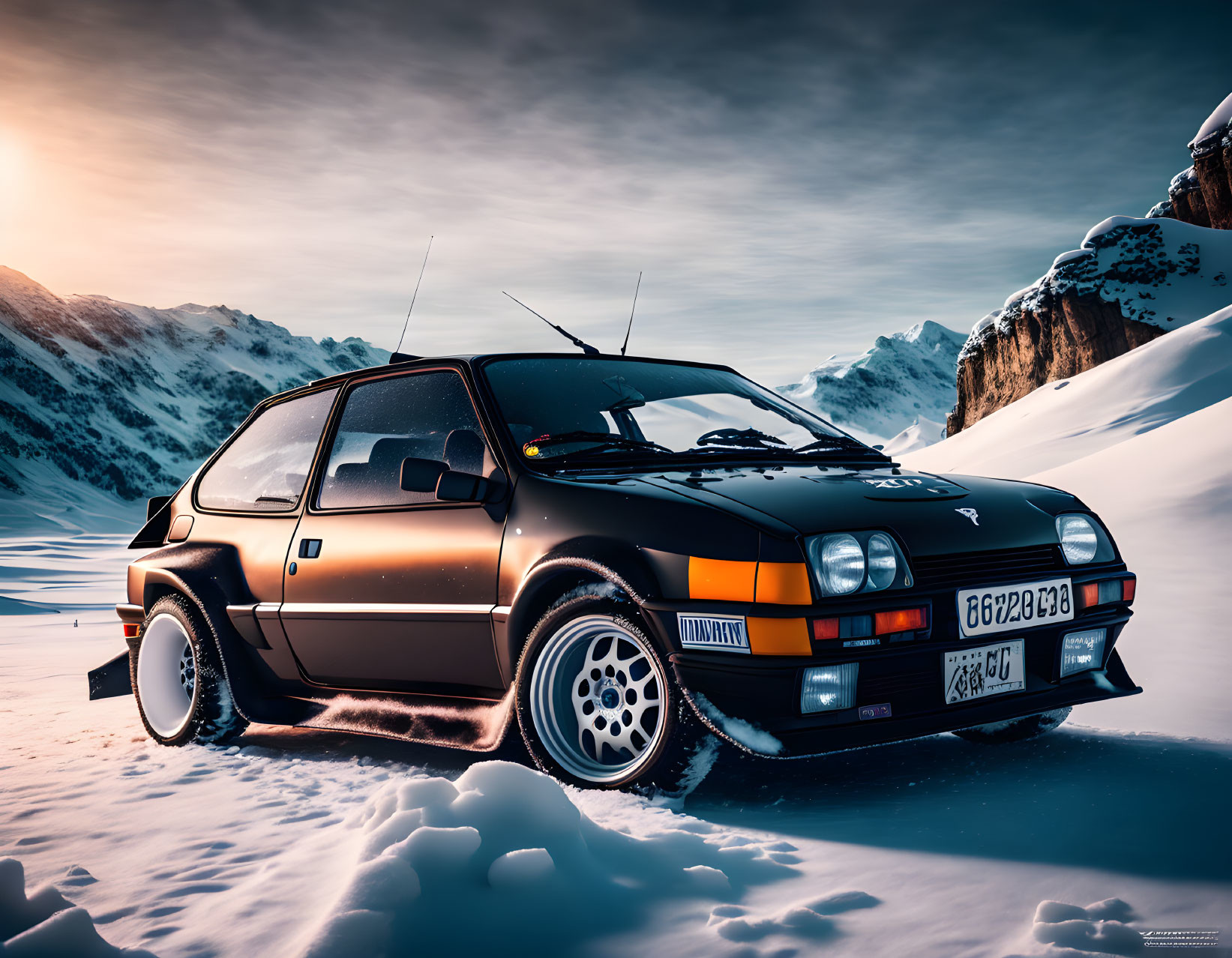 Vintage Black Car Parked in Snowy Landscape at Sunset/Sunrise