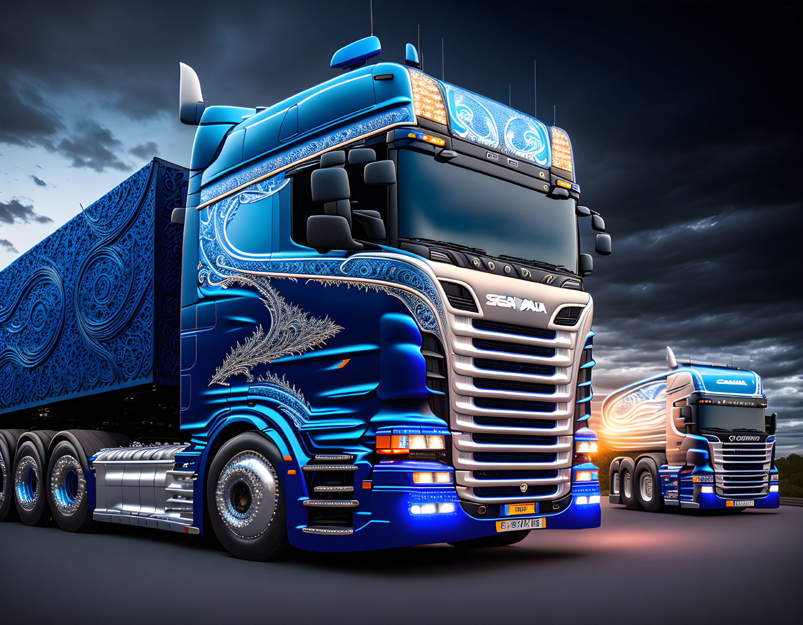 Three Decorated Trucks with Blue Patterns Against Evening Sky