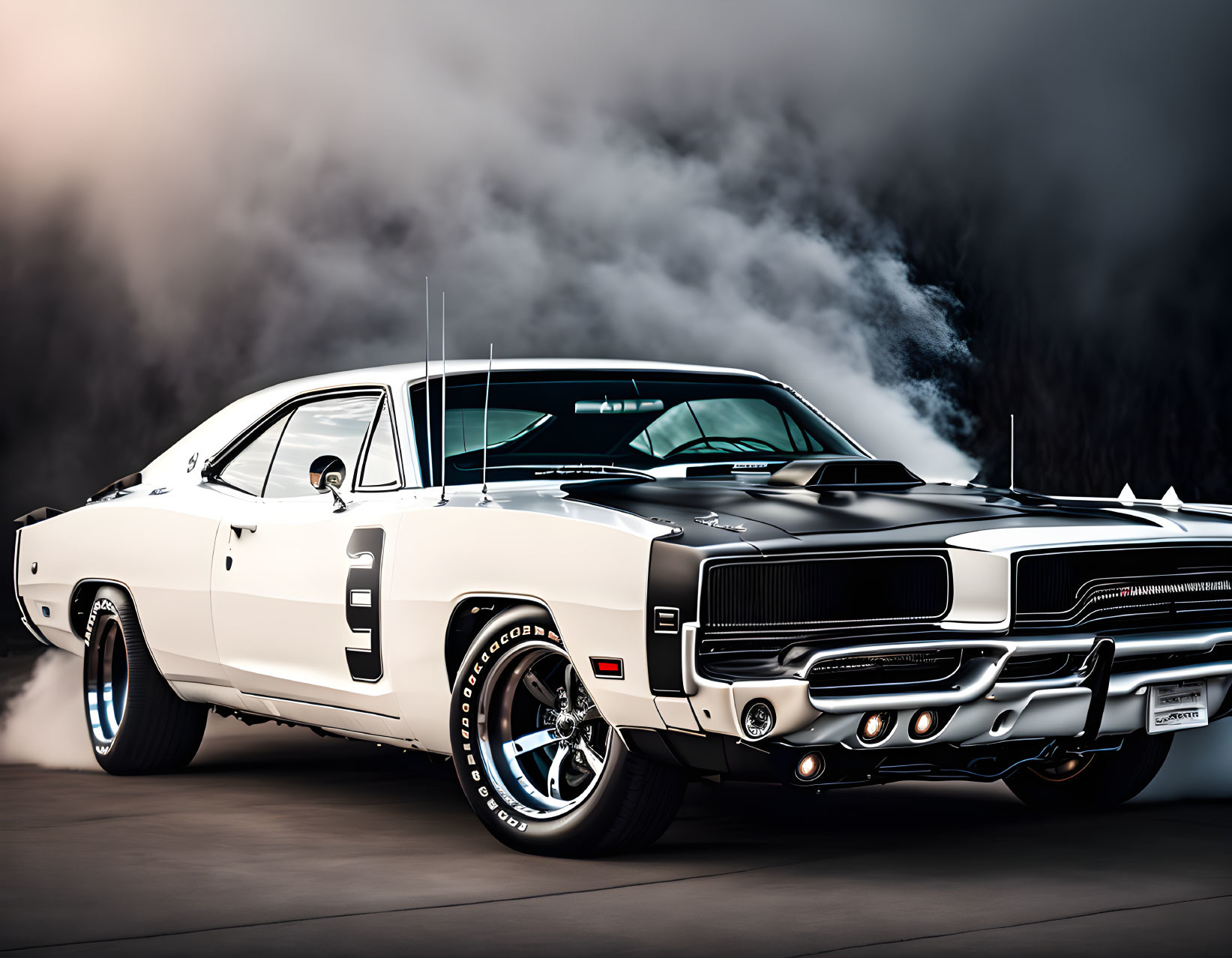 Vintage Muscle Car with Black Stripes and Chrome Detailing on Moody Smoke Background