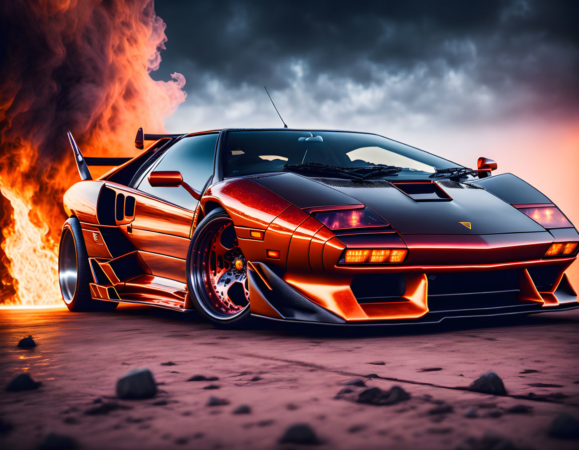 Metallic sports car with scissor doors open against fiery backdrop