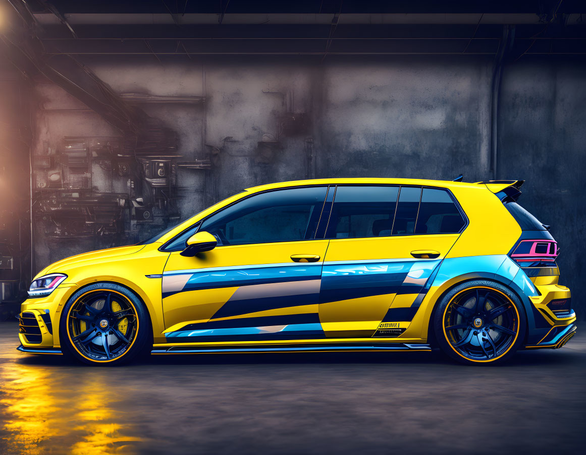 Bright yellow sports car with blue racing stripes in dimly-lit industrial garage