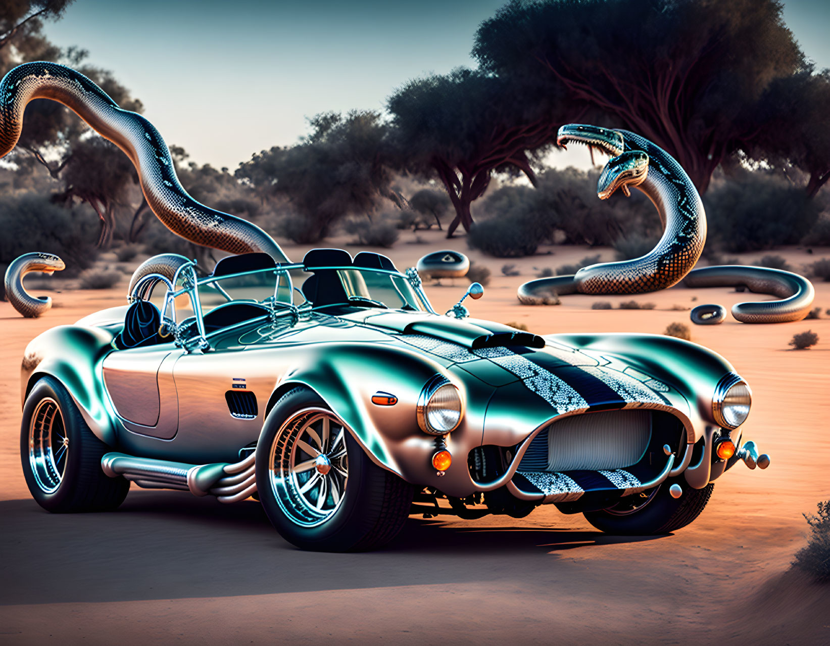 Vintage Convertible Sports Car with Racing Stripes in Desert Setting with Large Snakes