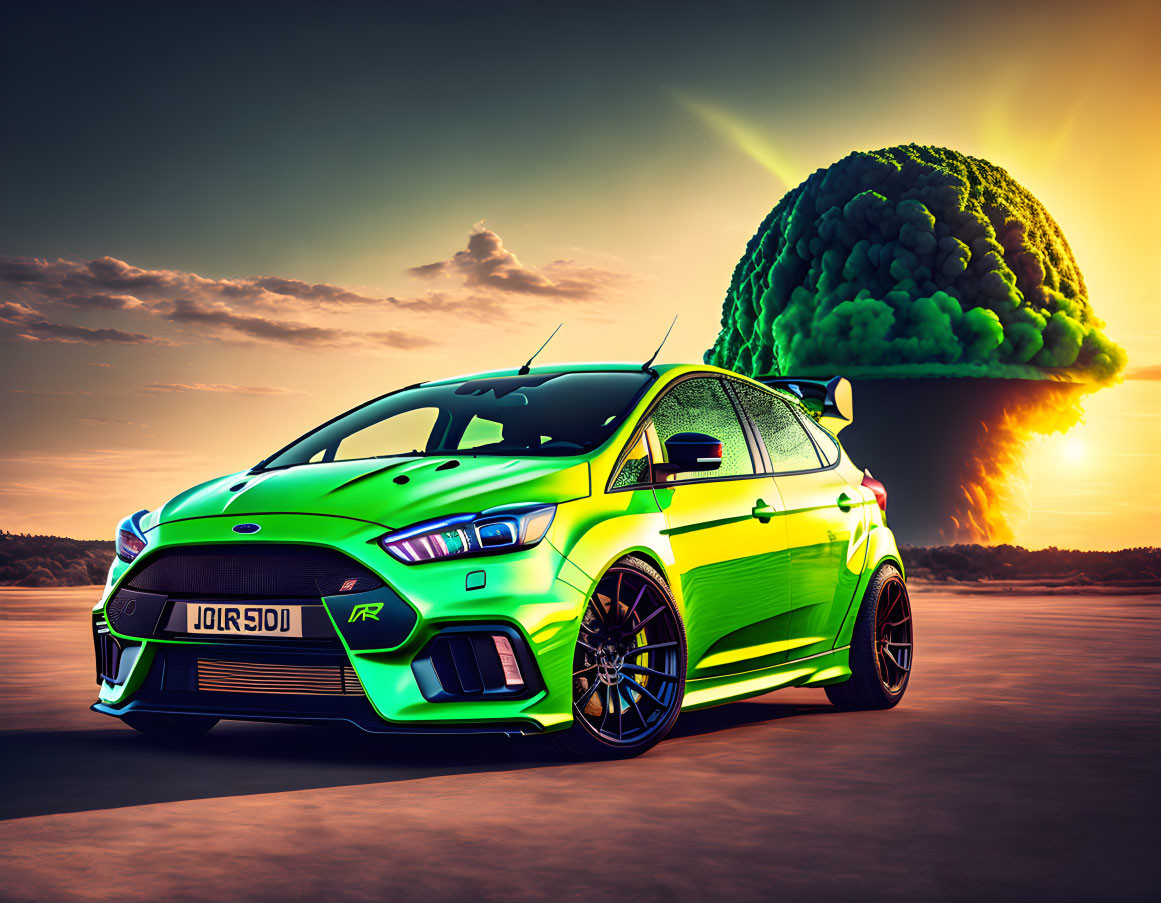 Bright Green Ford Focus RS with Nuclear Explosion Background