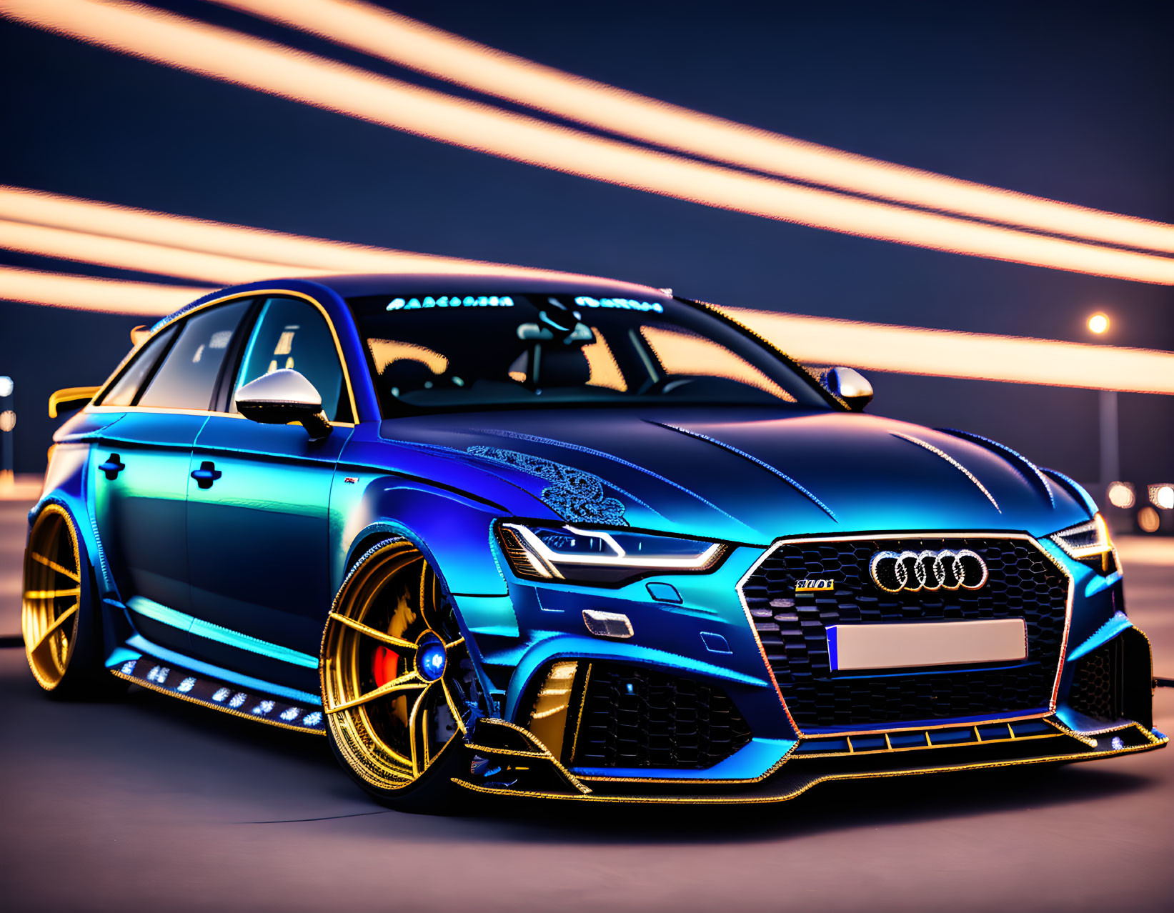 Blue Audi sports sedan with custom rims parked at night under dynamic light streaks