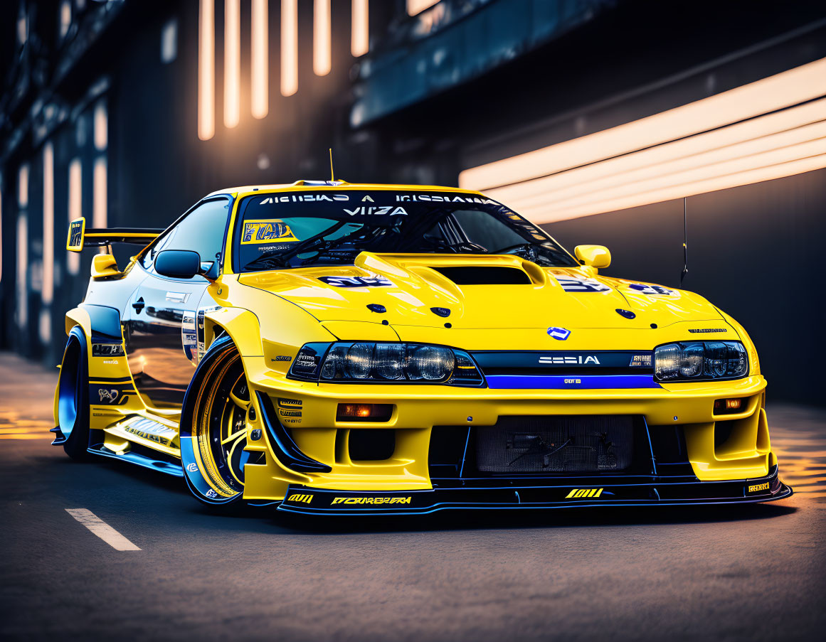 Bright Yellow Sports Car with Body Kit and Spoiler in Urban Setting