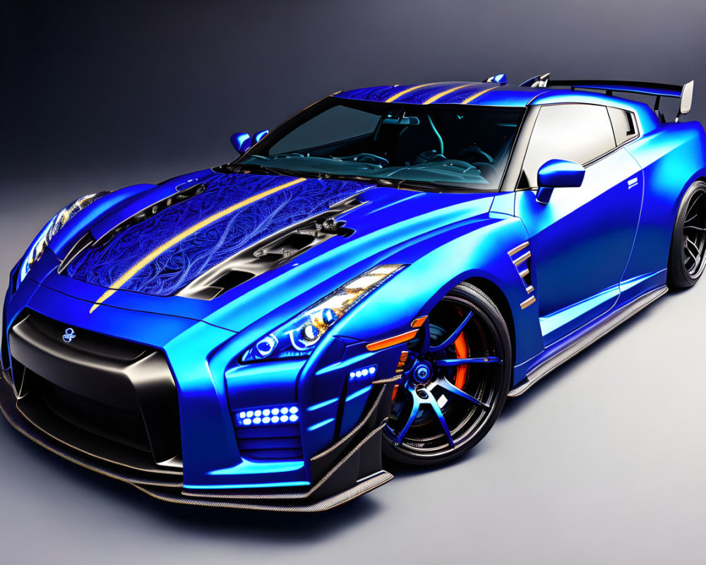 Blue Sports Car with Black and Gold Details and Customized Aerodynamic Elements