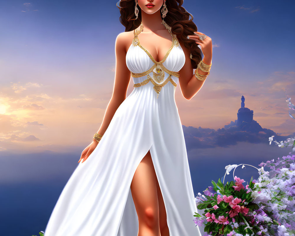 Digital artwork of woman in white and gold dress surrounded by colorful flowers under twilight sky.