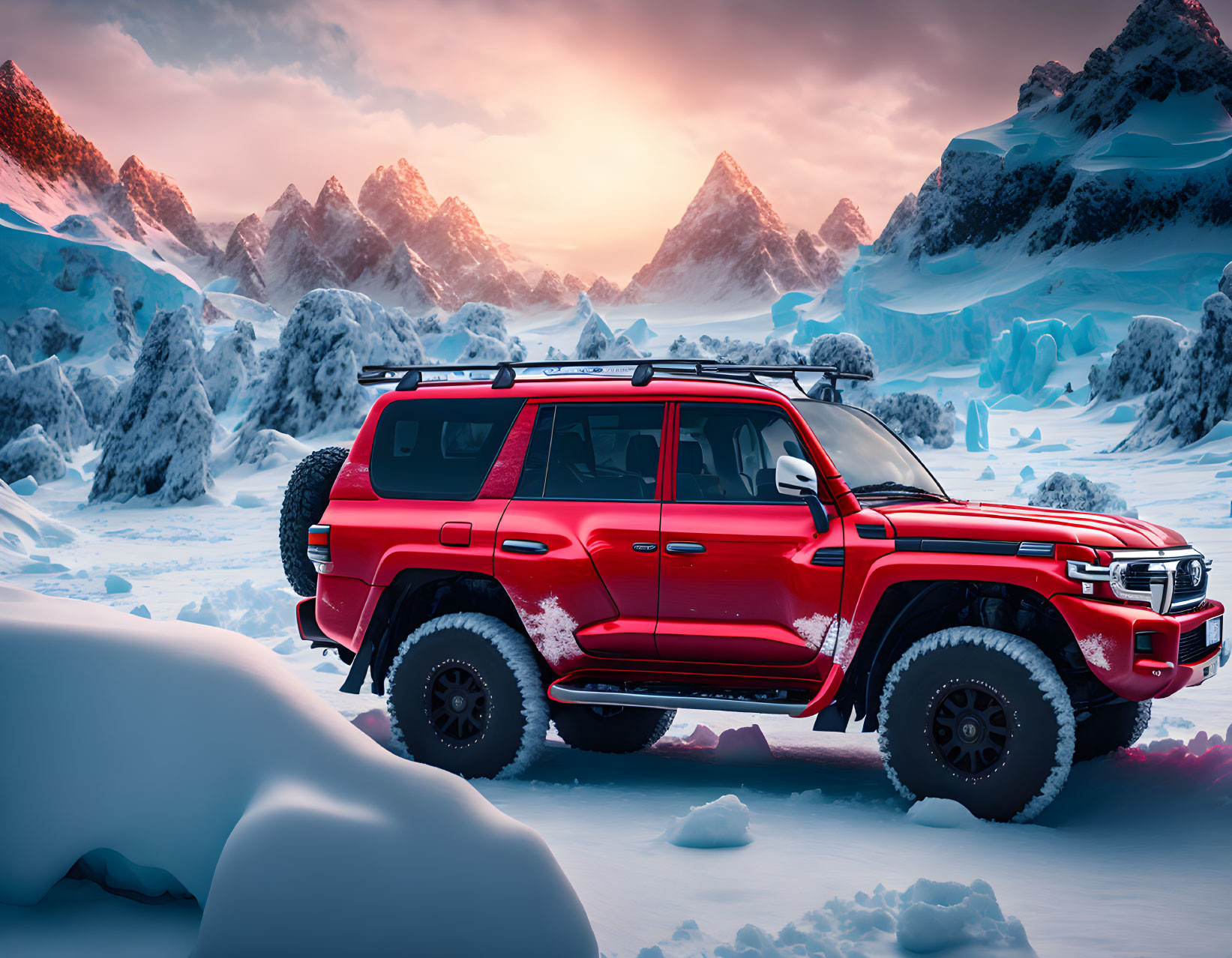 Red SUV in snowy landscape with sunset and mountains.