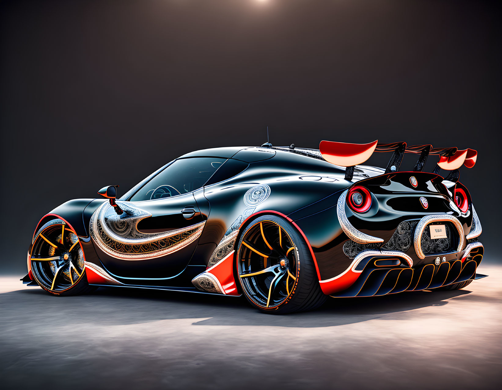 Custom-painted sports car with swirling orange and gold designs on dark background