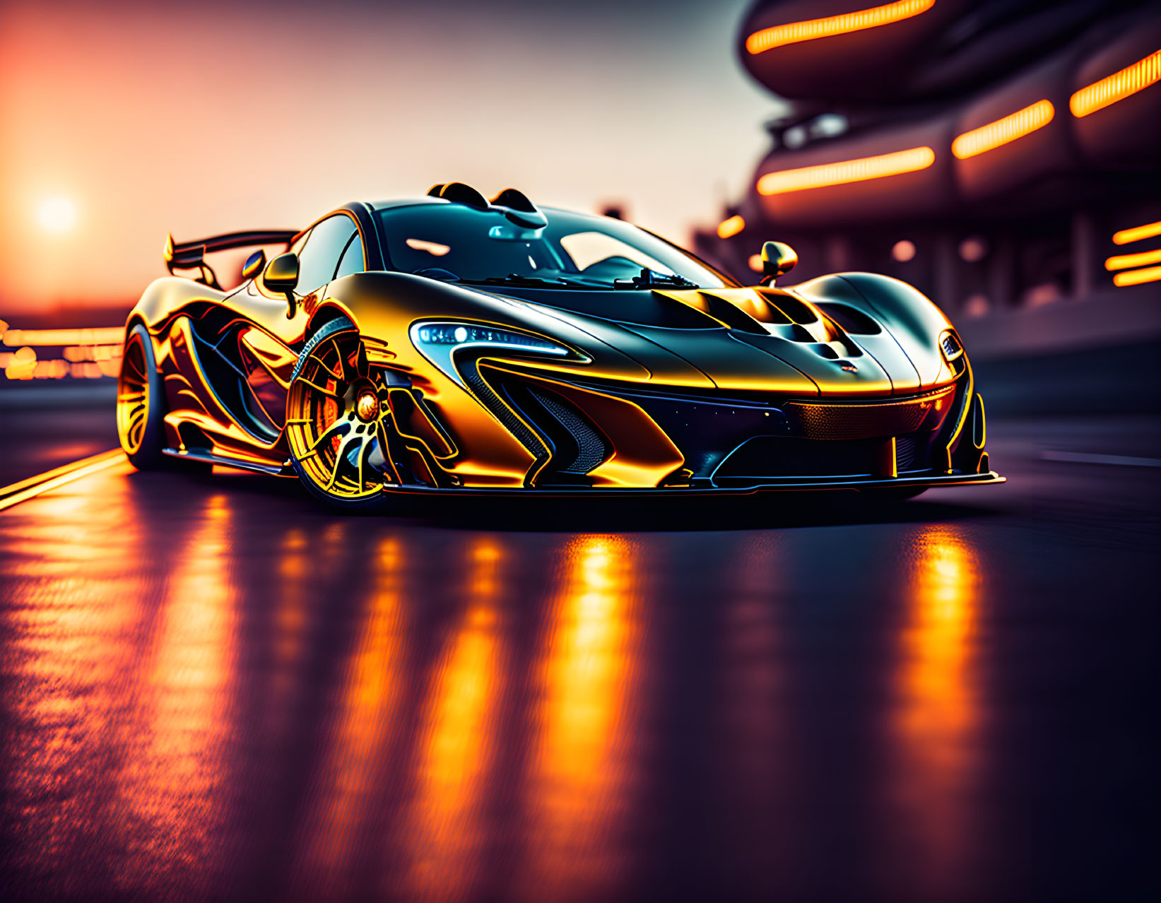 Sleek orange and black sports car on asphalt road at sunset