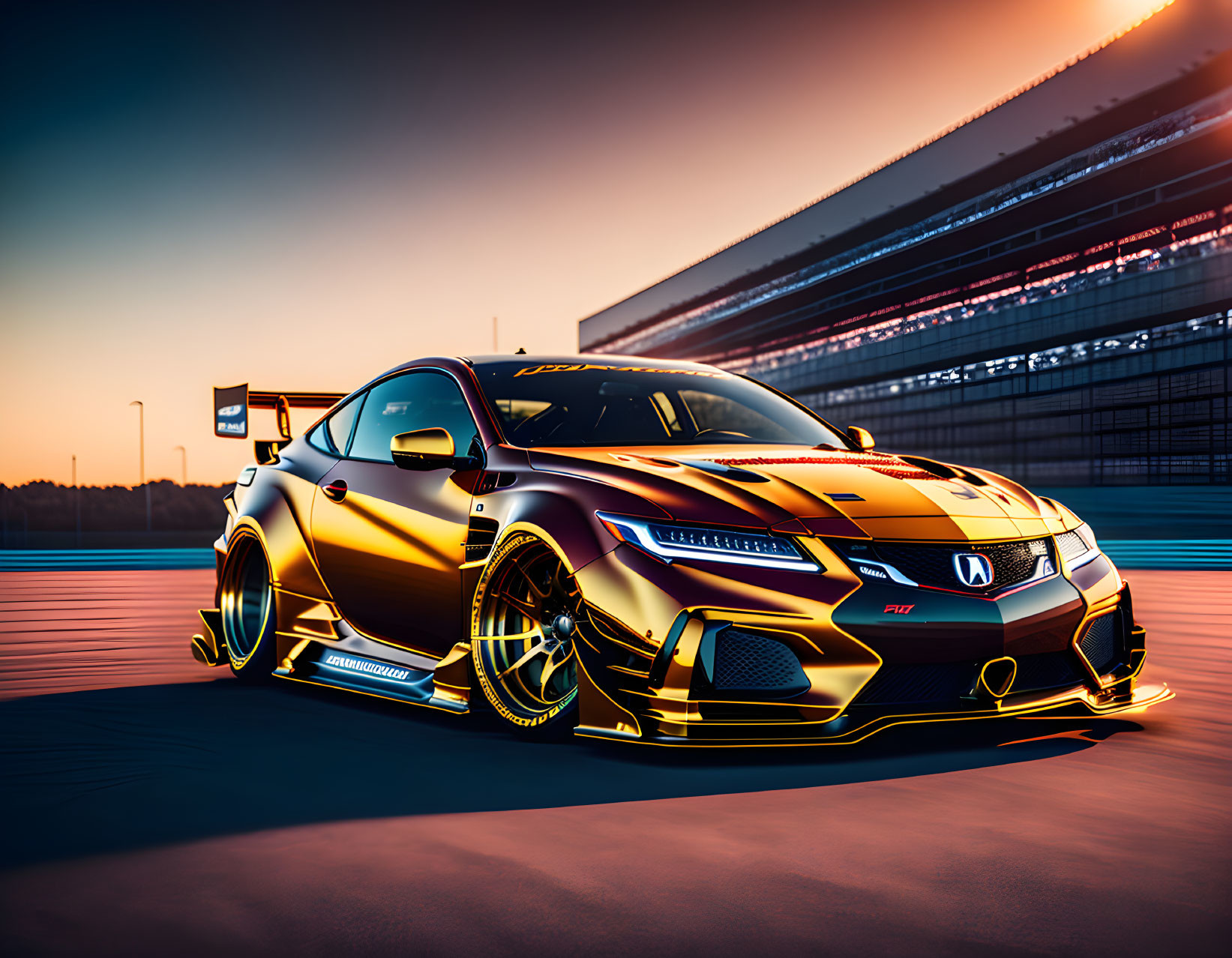 Sleek Honda racing car with golden and black livery on track at sunset