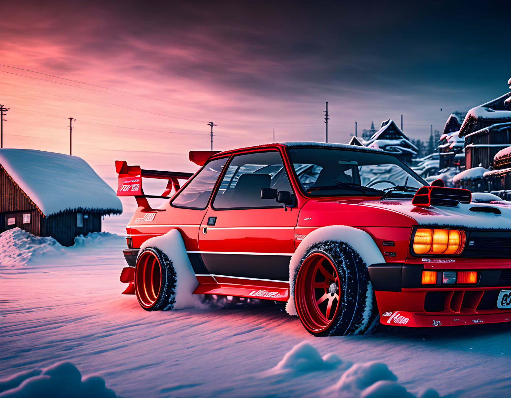 Red and White Livery Sports Car Parked in Snowy Landscape at Dusk