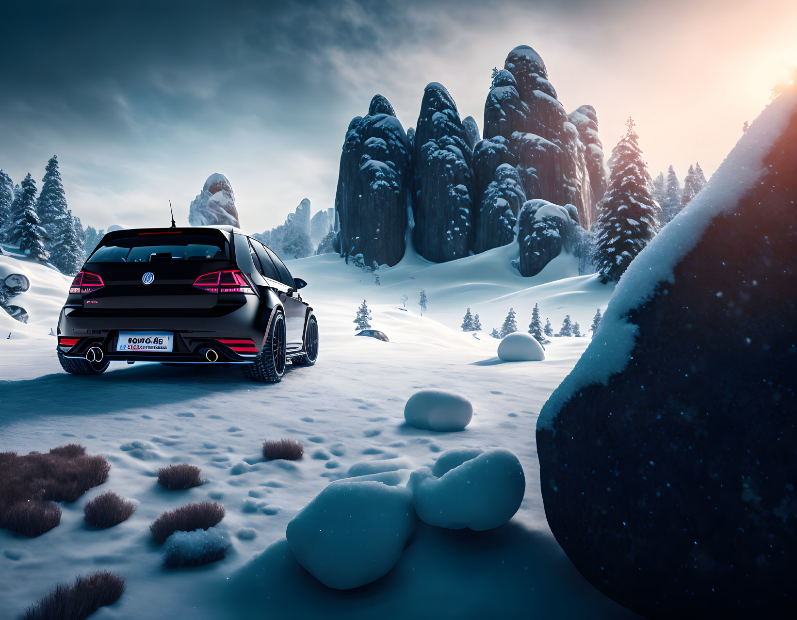 Black Sports Car Parked in Snowy Landscape with Pine Trees and Twilight Sky