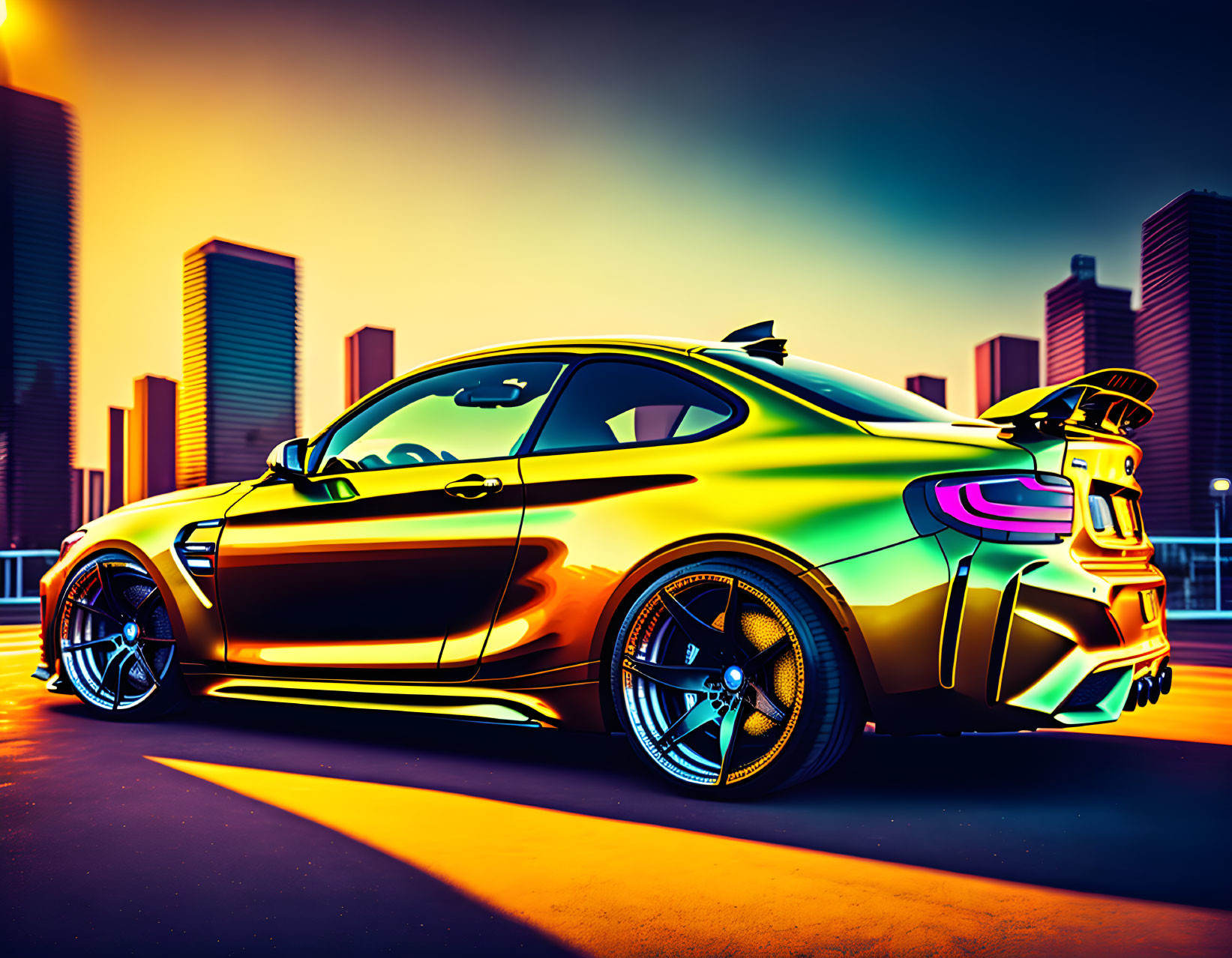 Shiny metallic sports car with elaborate body kit against cityscape at sunset