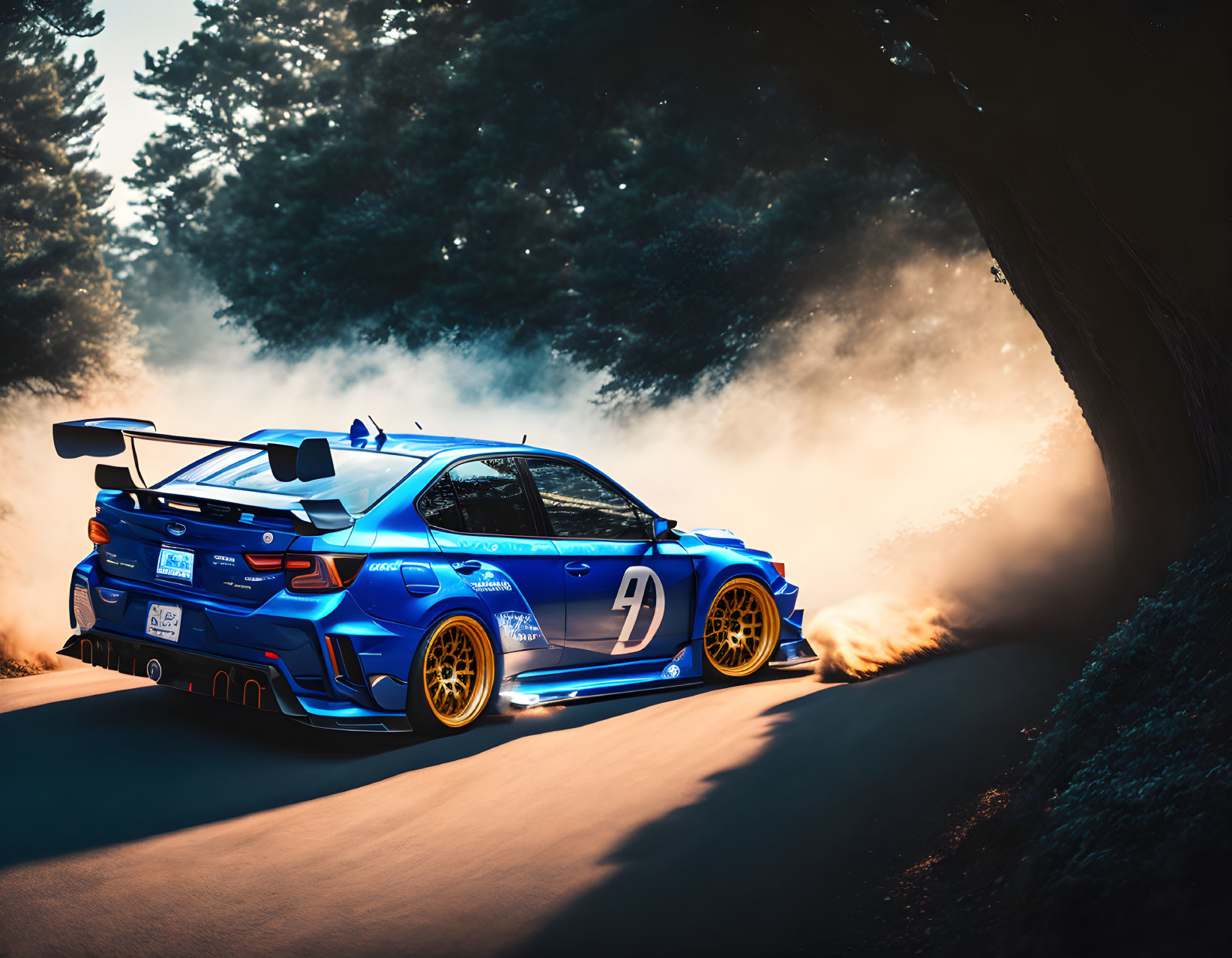 Blue Racing Car with Large Rear Wing Drifting Around Bend Under Trees