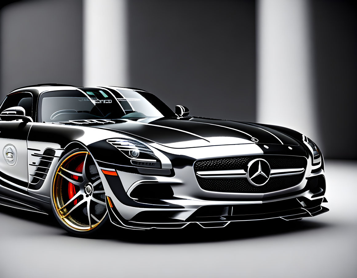 Custom Black and Silver Mercedes-Benz SLS AMG in Modern Gallery Setting