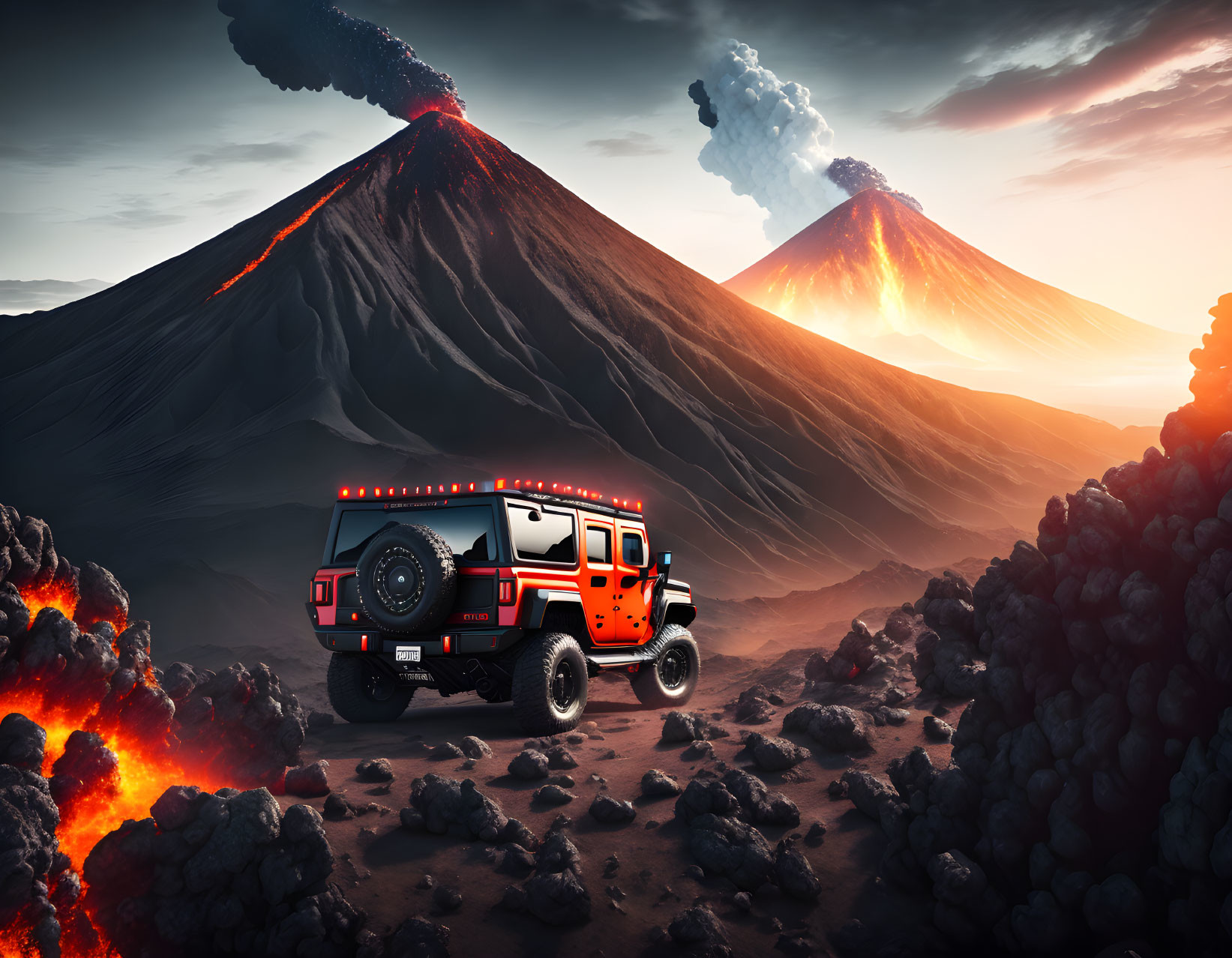 Red off-road vehicle in volcanic landscape with lava flows and erupting volcanoes