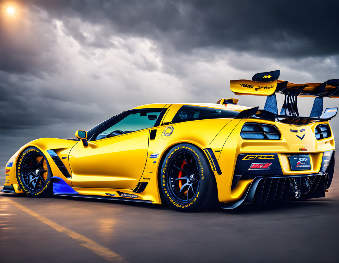 Bright yellow Corvette with black and blue accents parked under dramatic cloudy sky