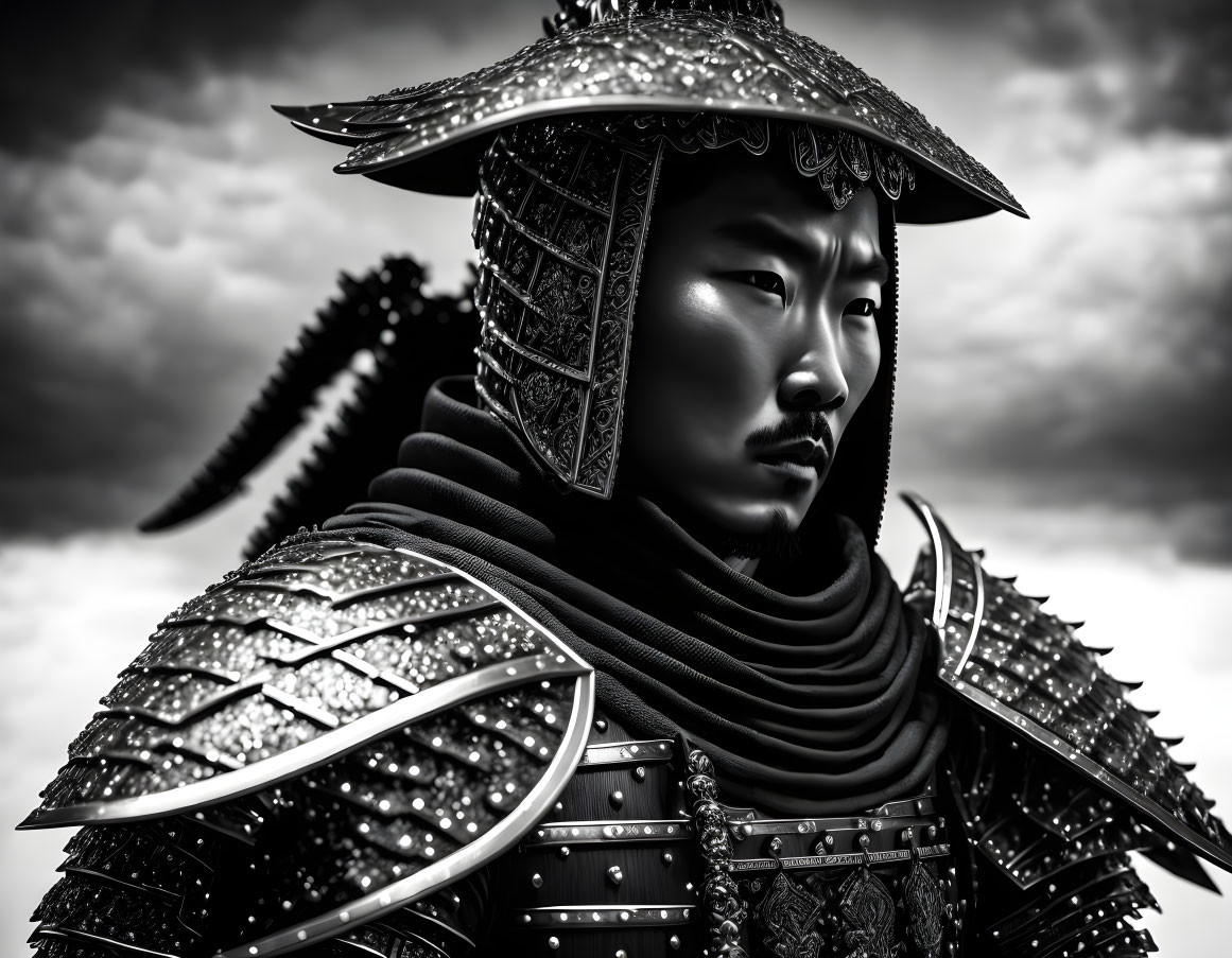 Monochrome image of person in detailed samurai armor against cloudy sky