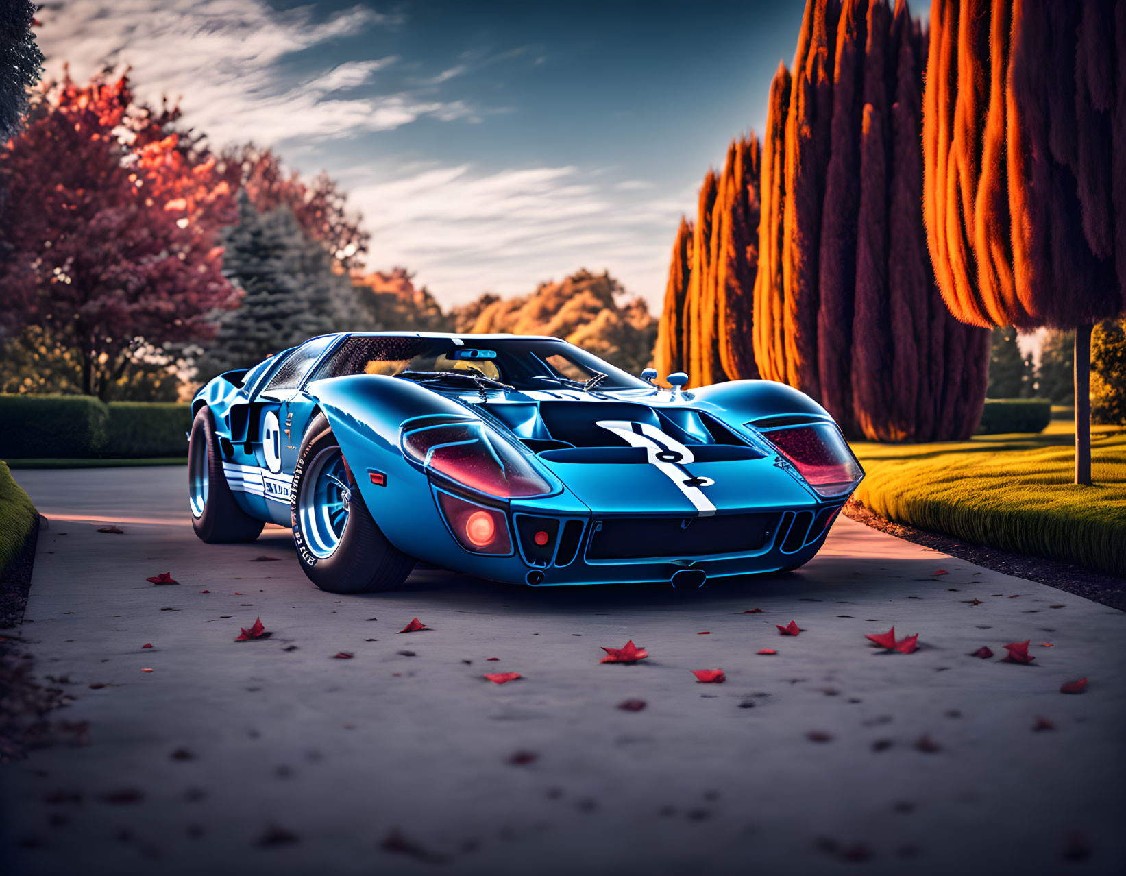 Blue Vintage Race Car with White Stripes in Autumn Setting