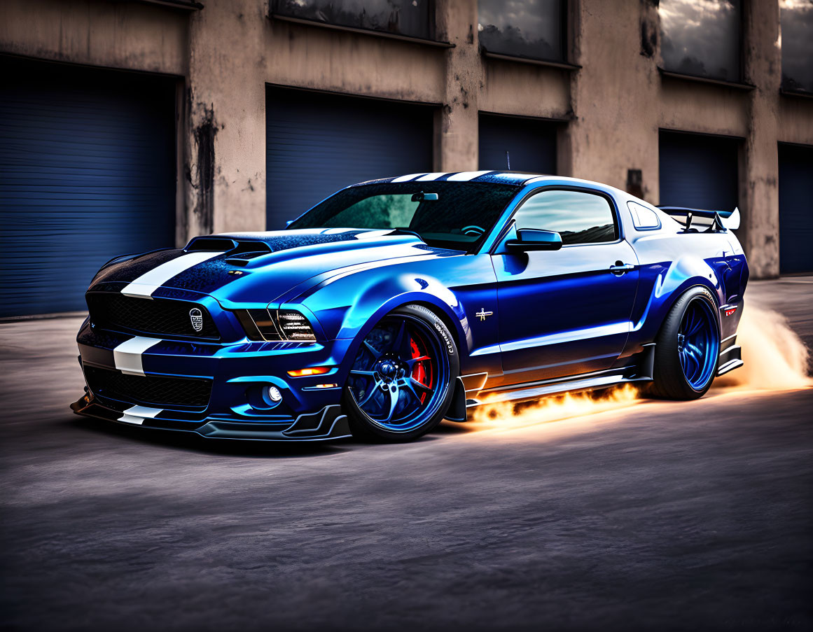 Customized Blue & Black Ford Mustang with Flames, Industrial Garage Doors