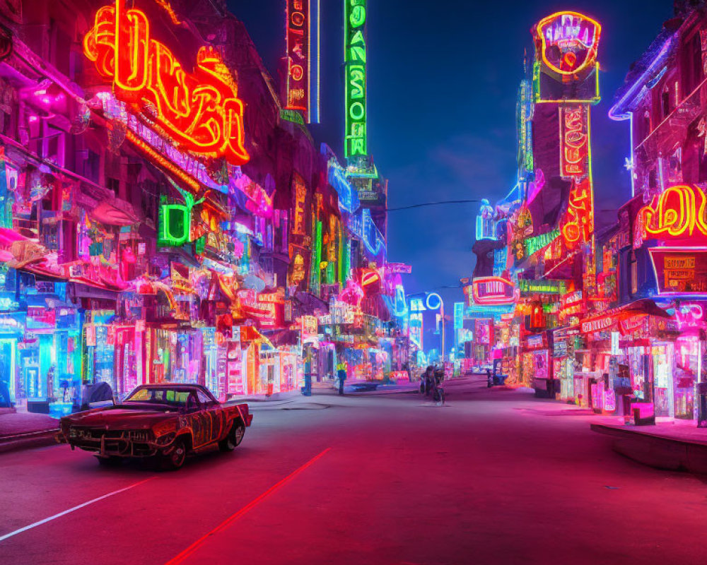 Vibrant neon-lit urban street with classic car and bustling atmosphere