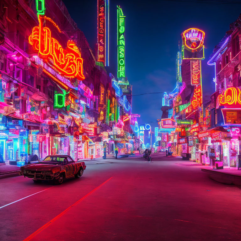 Vibrant neon-lit urban street with classic car and bustling atmosphere