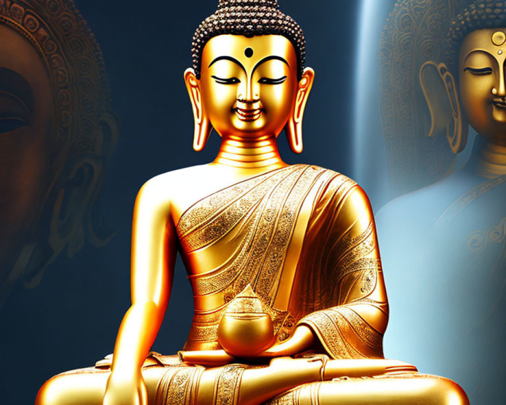 Golden Buddha Statue in Meditative Pose on Blue and Gold Background