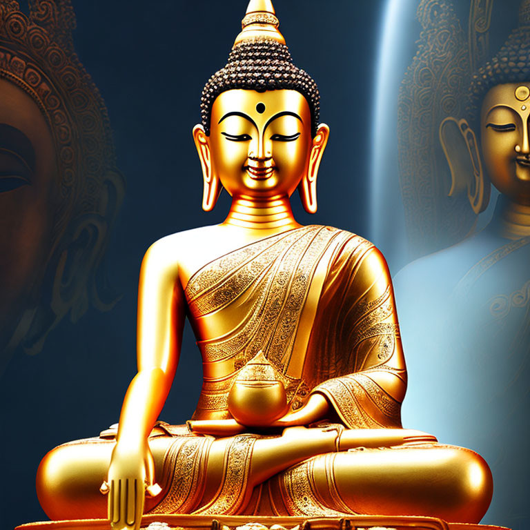 Golden Buddha Statue in Meditative Pose on Blue and Gold Background