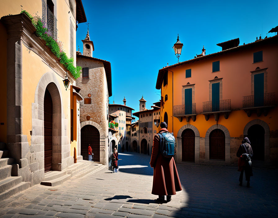 Colorful European Town Cobblestone Street with Pedestrians