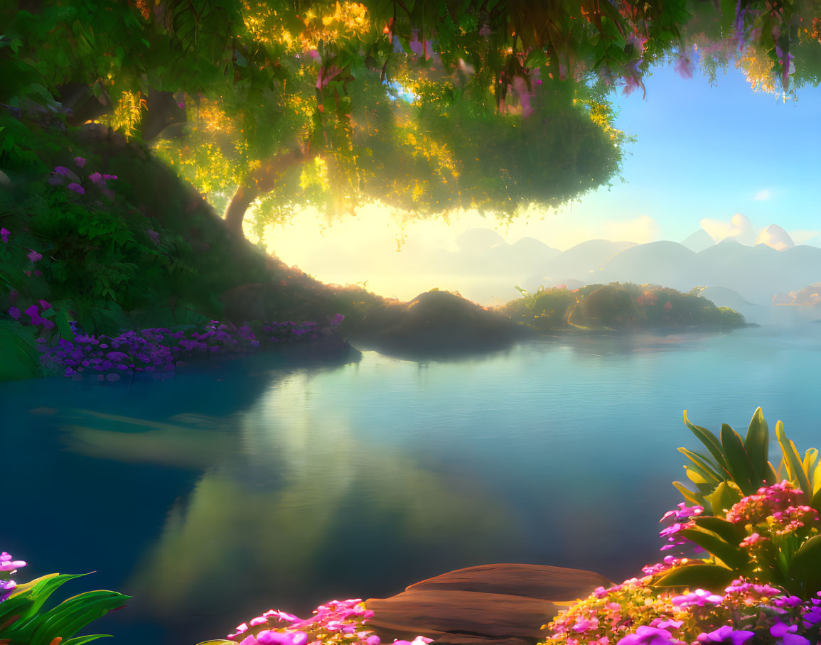 Sunlit river landscape with lush greenery and distant mountains