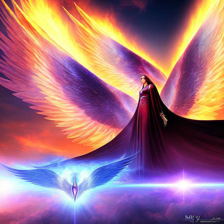 Majestic figure with fiery wings in celestial backdrop