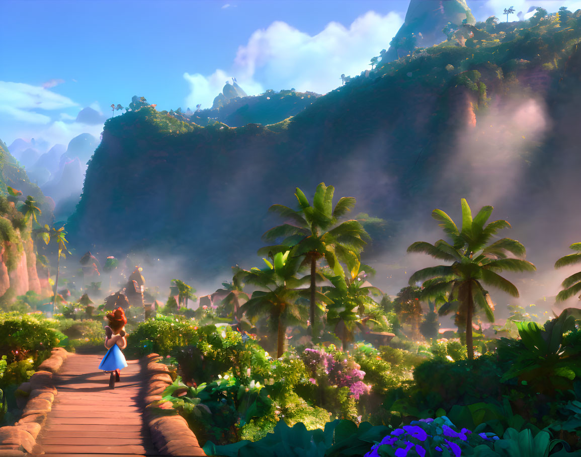 Colorful Animated Scene: Character Crossing Bridge in Tropical Landscape