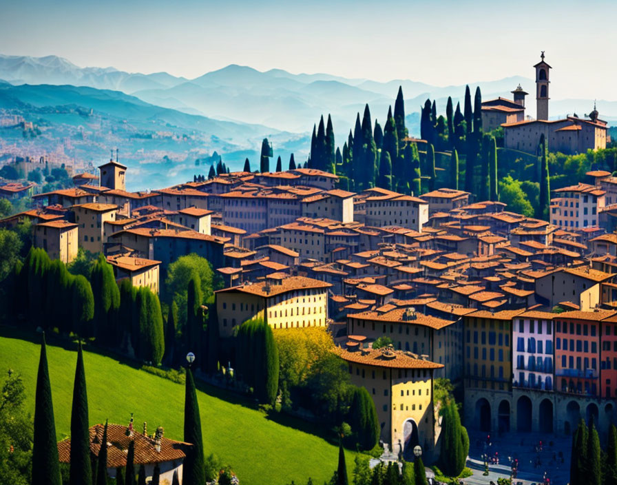 Scenic Hilltop Town with Terracotta Roofs and Green Hills