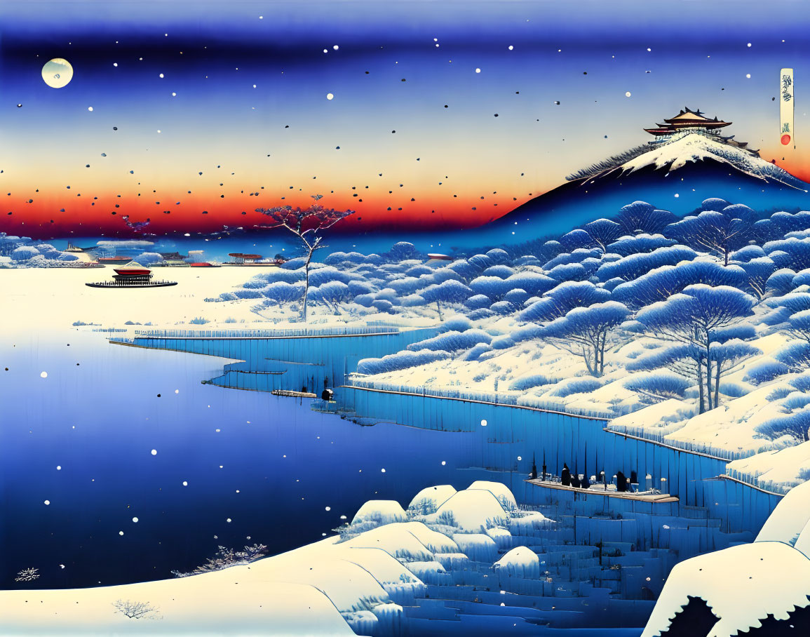 Japanese Winter Scene: Snow-covered Trees, Temple, River, Boat, Twilight Sky