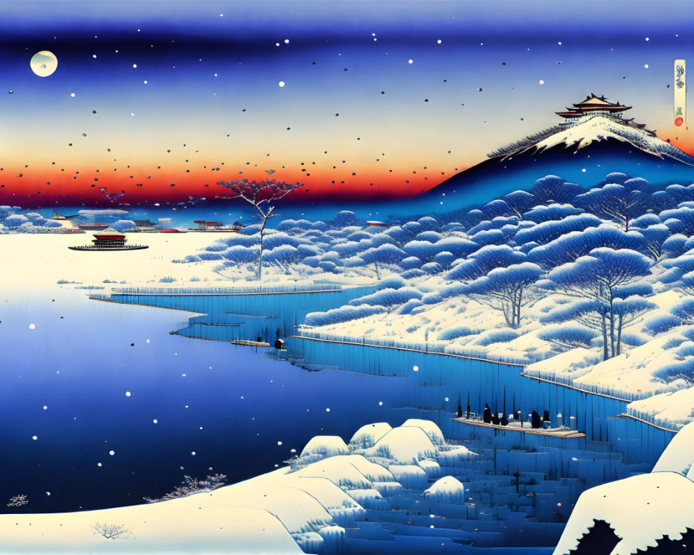 Japanese Winter Scene: Snow-covered Trees, Temple, River, Boat, Twilight Sky