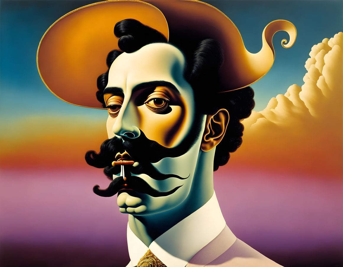 Distorted man portrait with surreal mustache on vibrant sunset background