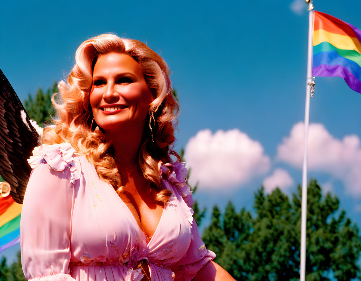 Blonde person in pink dress under blue sky with rainbow flag.