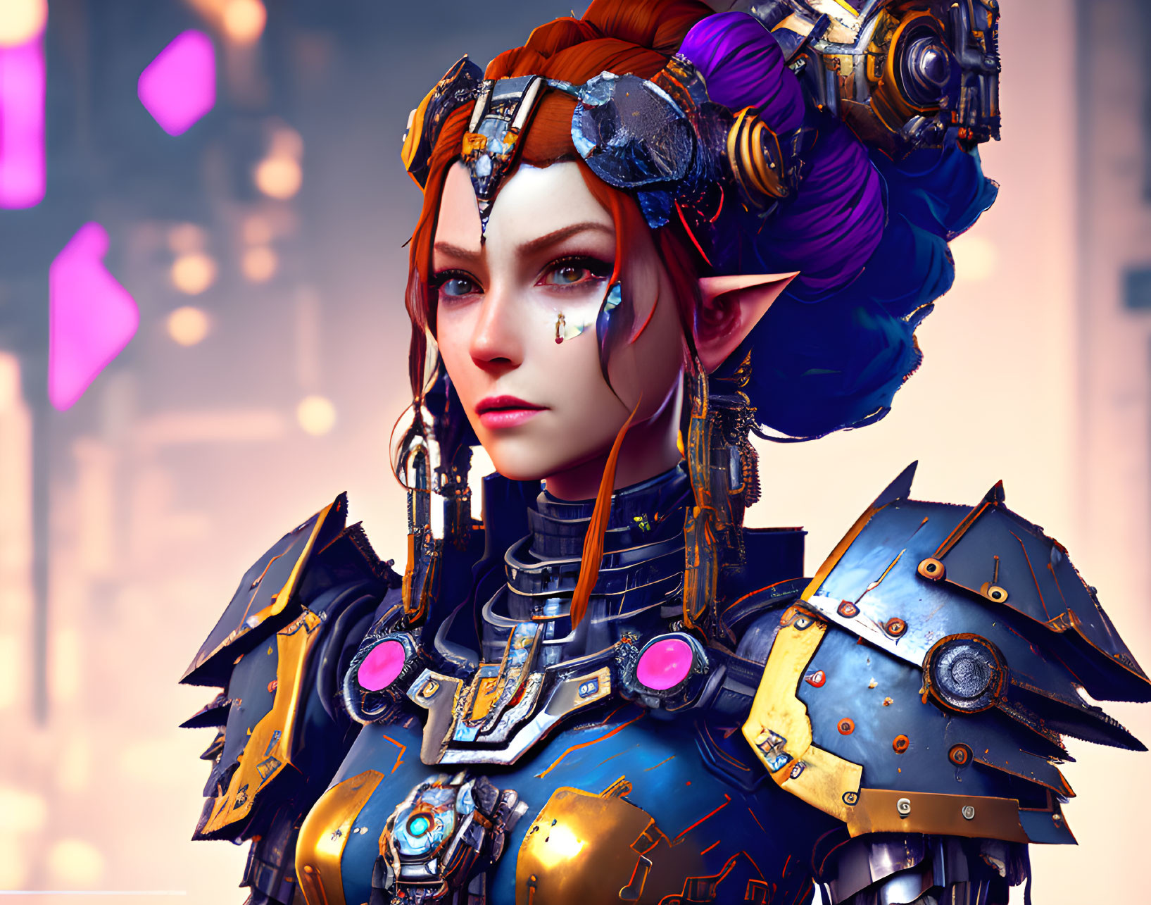 Fantasy female character with purple hair and futuristic armor