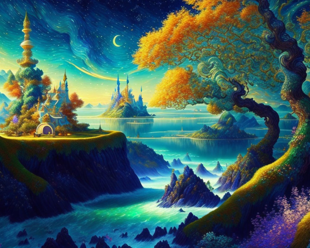 Fantasy landscape with crescent moon, glowing tree, and castles