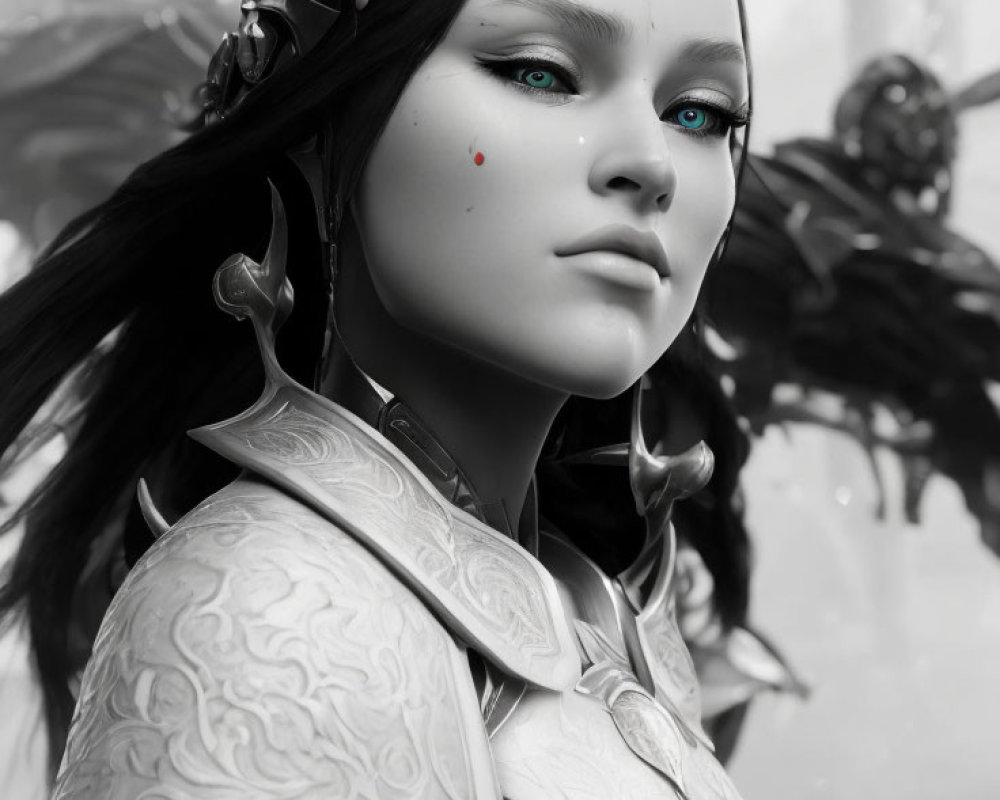 Monochrome Image of Female Character with Turquoise Eyes and Armor