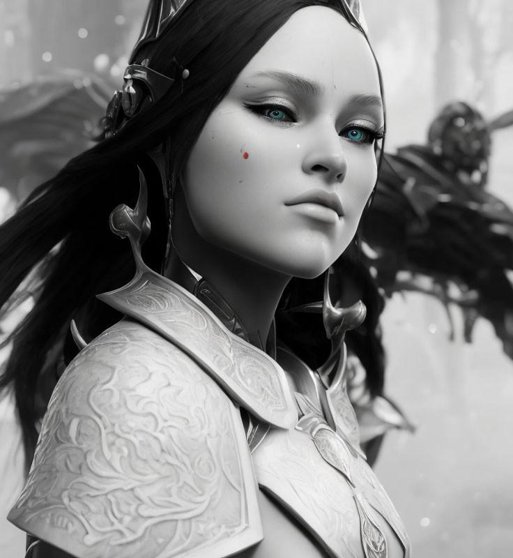 Monochrome Image of Female Character with Turquoise Eyes and Armor