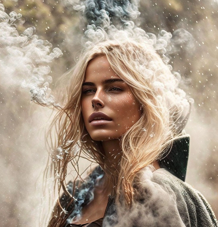 Blonde Woman Surrounded by Ethereal Smoke in Nature