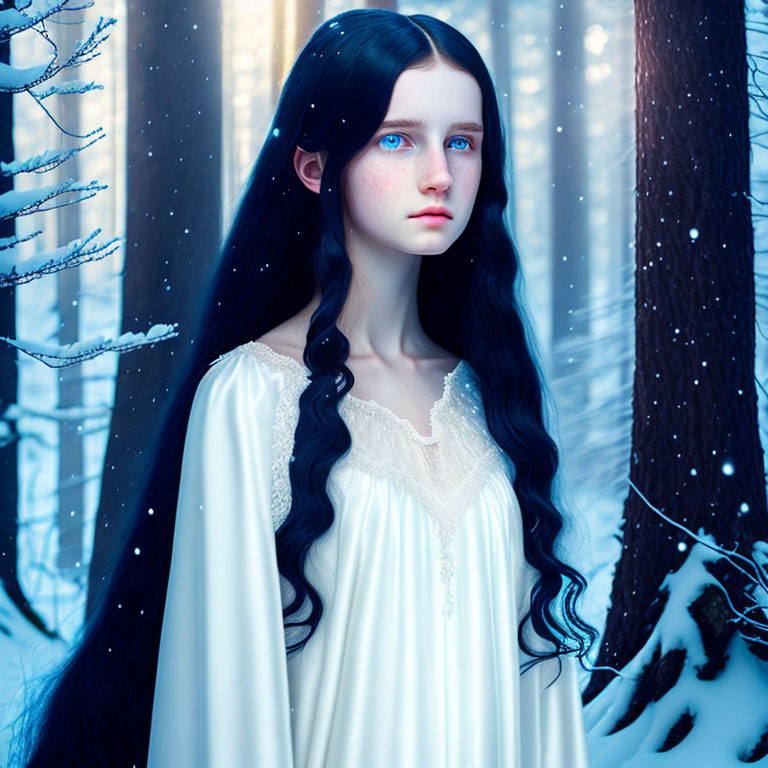 Young Woman with Long Black Hair in Snowy Forest Wearing White Lace Dress