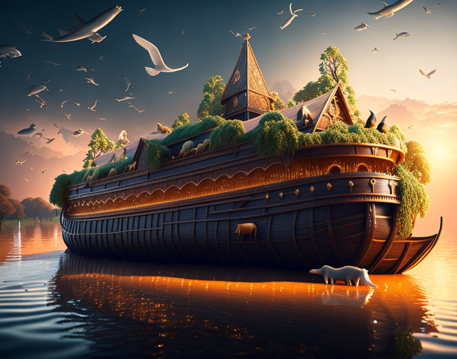 Fantastical ship with church, greenery, animals sailing at sunset.